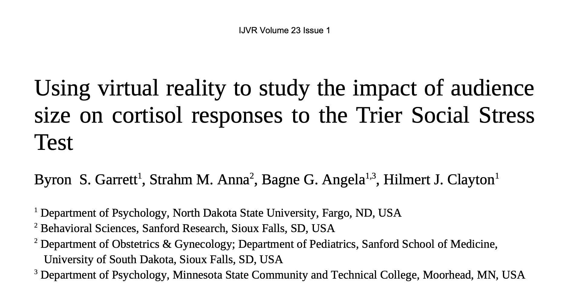 Title page of the 2023 International Journal of Virtual Reality article by Byron, Strahm, Bagne, and Hilmert