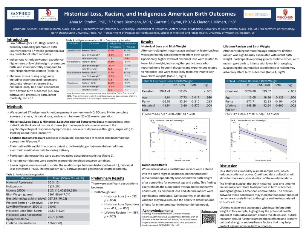 Poster: Historical Loss, Racism, and Indigenous American Birth Outcomes, Strahm, Biermann, Byron, and Hilmert, 2026 Sanford pediatric symposia.