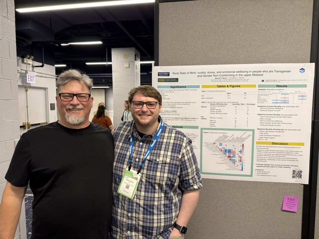 Clayton Hilmert and Garrett Byron beside Garrett's Rural State of Mind poster at the 2026 Society of Behavioral Medicine meeting